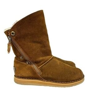 RJS Fuzzies Trixie Sheepskin Fur Lined Suede Boots Winter Boho Y2K Cozy Womens 7